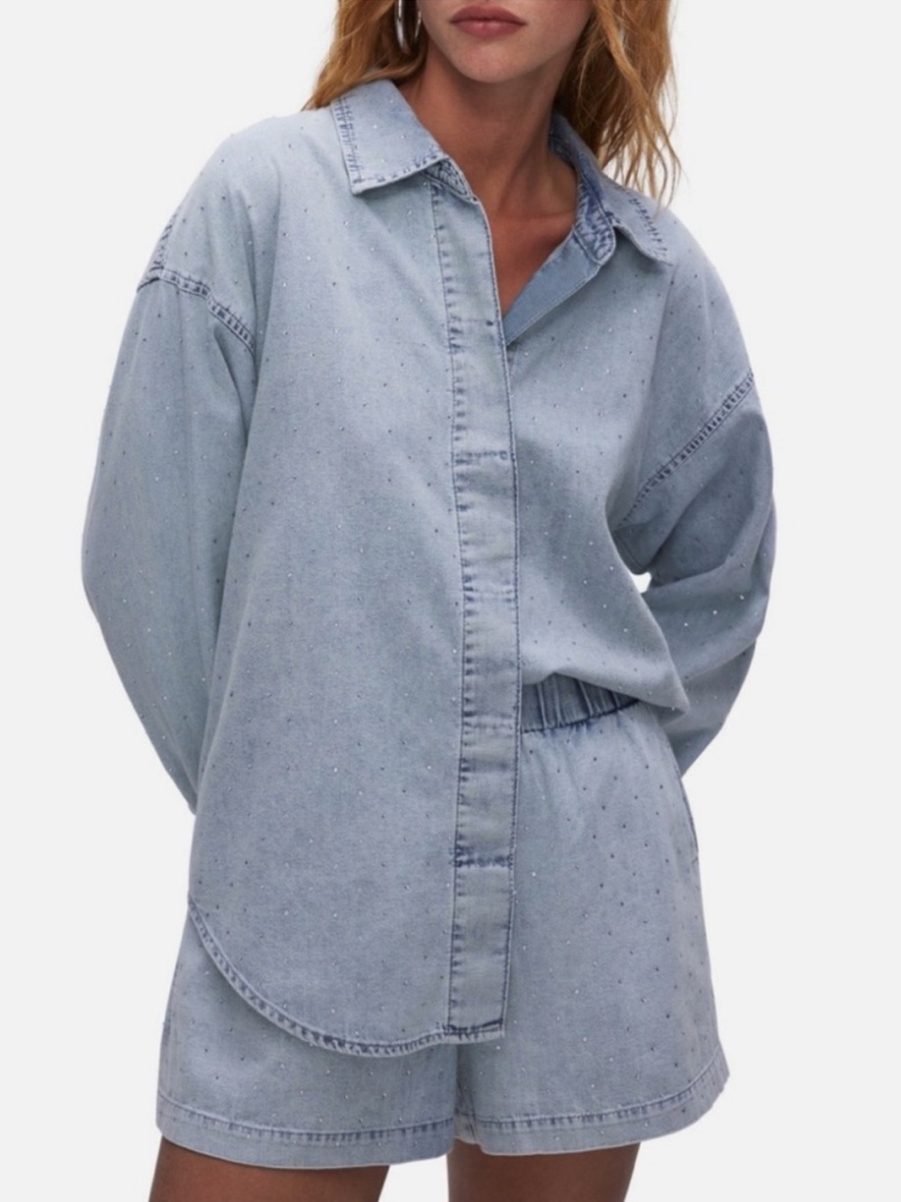 Good American Crystal Embellished Denim Shirt and Shorts Set 0 XS